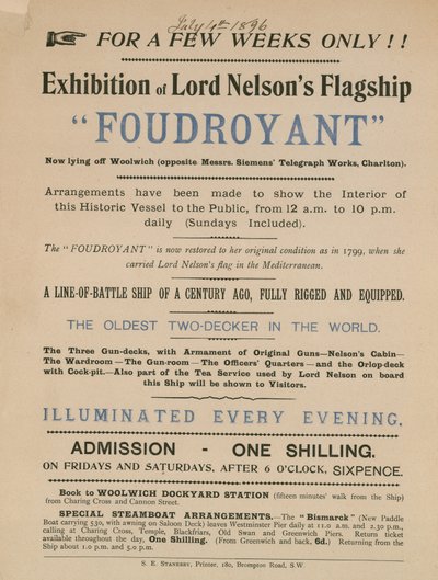 Anuncio de una exposición del buque insignia de Lord Nelson, Foudroyant de English School