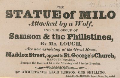 Anuncio de una exposición de la Estatua de Milo atacada por un Lobo de English School
