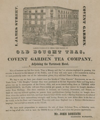 Anuncio de tés comprados viejos de la Covent Garden Tea Company de English School