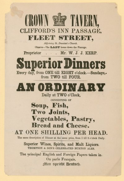 Anuncio para el Crown Tavern, Cliffords Inn Passage, Fleet Street, Londres de English School