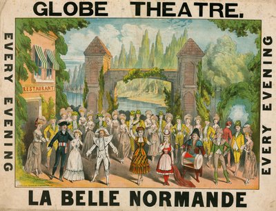 Anuncio del Teatro Globe, Londres, para La Belle Normande de English School