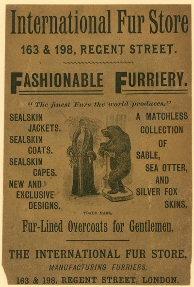 Anuncio de la International Fur Store, 163 y 198 Regent Street, Londres de English School