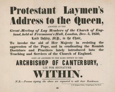 Anuncio de la dirección del laico protestante a la Reina de English School