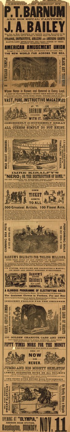 Anuncio de la aparición del espectáculo de P T Barnum y J A Bailey en Olympia de English School