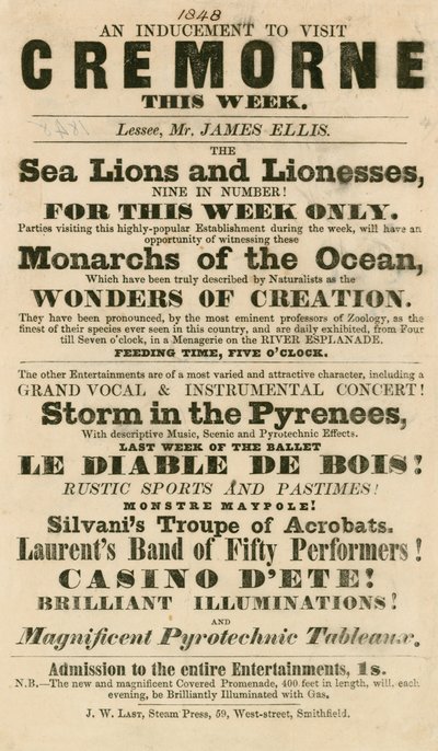 Anuncio de la aparición de Leones Marinos y Leonas en los Jardines de Cremorne, Londres en 1848 de English School