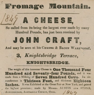 Anuncio para la exhibición de un queso conocido como Fromage Mountain de English School