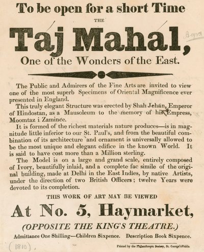 Anuncio de la exhibición de un modelo del Taj Mahal en 5 Haymarket, Londres de English School