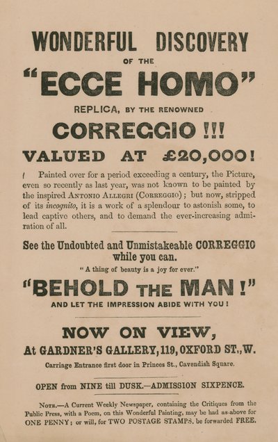 Anuncio para la exhibición de una réplica de la pintura Ecce Homo de Correggio (Antonio Allegri) de English School