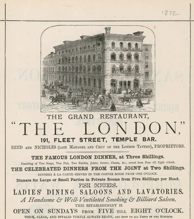 Anuncio del gran restaurante The London, 191 Fleet Street, Temple Bar de English School