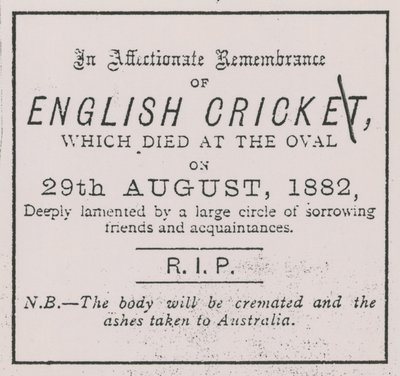 Anuncio del Sporting Times en agosto de 1882 que introdujo el concepto de The Ashes de English School