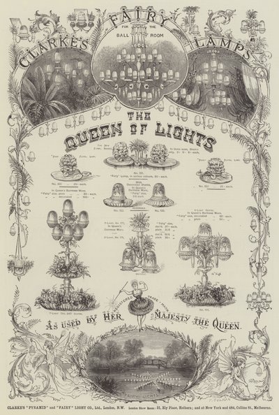 Anuncio, lámparas de hadas de Clarke (grabado) de English School