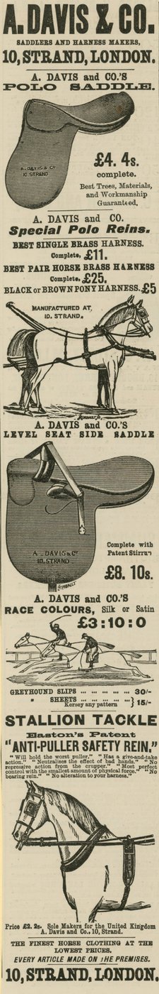 Anuncio de A Davis & Co, fabricantes de sillas de montar y arneses de English School