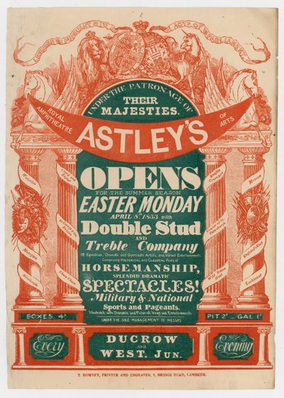 Anuncio del Anfiteatro de Astley, apertura para la Temporada de Verano, 8 de abril de 1833 de English School