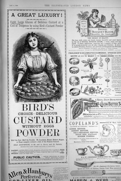 Anuncio de Birds Custard Powder, de The Illustrated London News, 1 de septiembre de 1886 de English School