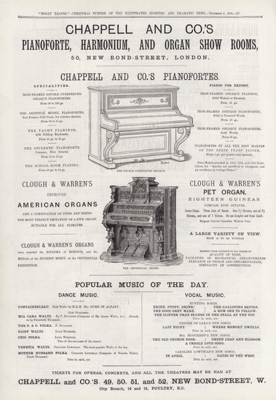 Anuncio de las Salas de Exposición de Pianoforte, Harmonium y Órgano de Chappell and Co (grabado) de English School