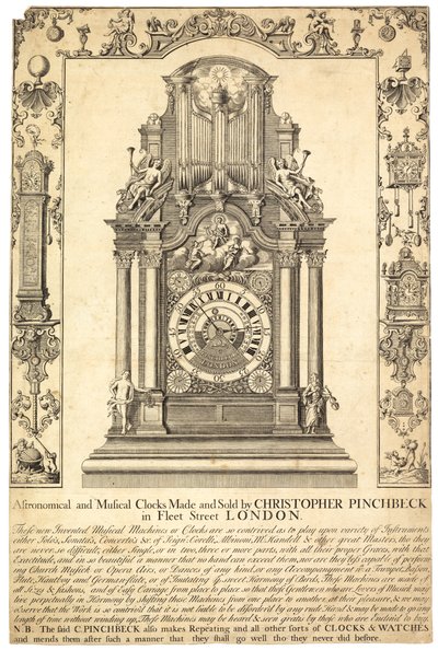 Anuncio de relojes astronómicos y musicales de Christopher Pinchbeck de English School