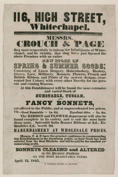 Anuncio de Crouch and Page, 116 High Street, Whitechapel de English School