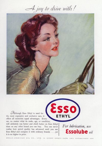 Anuncio de Esso Ethyl Oil, mostrando a una mujer glamorosa conduciendo, 1937 de English School