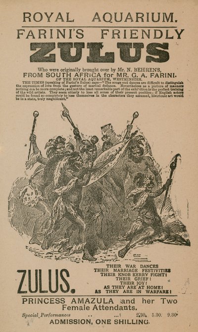 Anuncio de los zulúes amistosos de Farini de English School