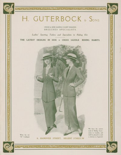 Anuncio de H Guterbock & Sons, sastres deportivos para damas y especialistas en equipo de equitación de English School