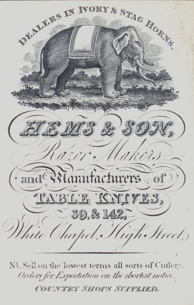 Anuncio de Hems & Son, comerciantes de marfil y cuerno de ciervo, fabricantes de navajas y cuchillos de mesa, Londres de English School