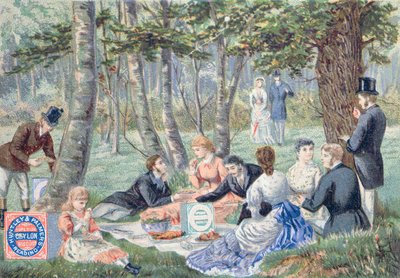 Anuncio de Imperial Ceylon Biscuits de Huntley & Palmer que muestra un picnic en Epping Forest de English School