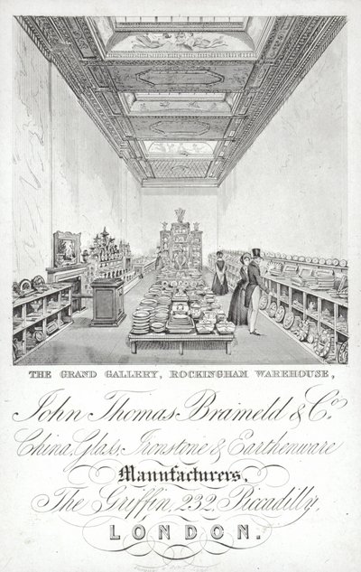 Anuncio de John Thomas Brameld and Co, fabricantes de porcelana, vidrio, loza y cerámica, Londres de English School