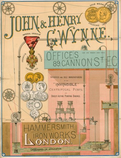 Anuncio de John y Henry Gwynne, 89 Cannon Street, Londres, fabricante de la bomba centrífuga Invincible de English School
