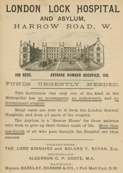 Anuncio del Hospital y Asilo London Lock, Harrow Road, Londres de English School
