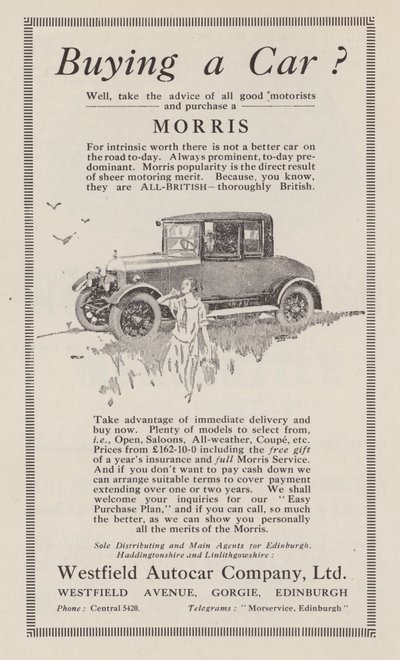 Anuncio para coches Morris, 1926 de English School