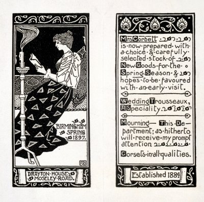 Anuncio para la Sra. Corbett en Drayton House, Birmingham, 1897 de English School