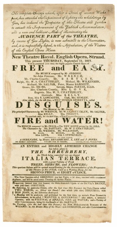Anuncio para el Nuevo Teatro Real, Ópera Inglesa, Strand, Londres, para el 11 de septiembre de 1817, mencionando iluminación de gas de English School