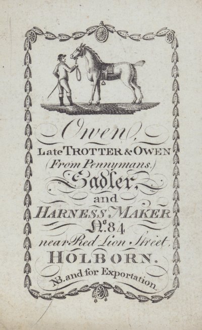 Anuncio de Owen, guarnicionero y fabricante de arneses, Londres (litografía) de English School