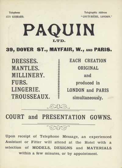 Anuncio de Paquin, modistas de English School