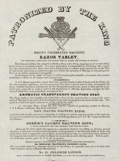 Anuncio de la famosa tableta de afeitar magnética de Rigges de English School