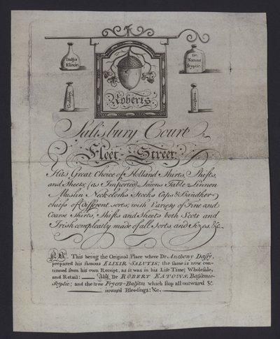 Anuncio de Roberts, comerciantes de telas, Salisbury Court, Fleet Street, Londres, donde el Dr. Anthony Daffy preparó su Elixir Salutis de English School