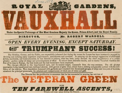 Anuncio del Jardín Real, Vauxhall; Jardines de Vauxhall, Londres de English School
