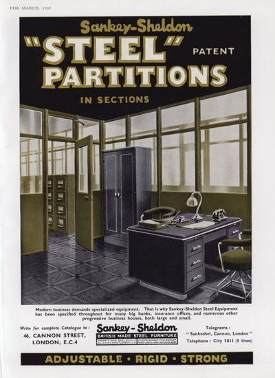 Anuncio de Particiones de Acero Sankey-Sheldon, 1937 de English School
