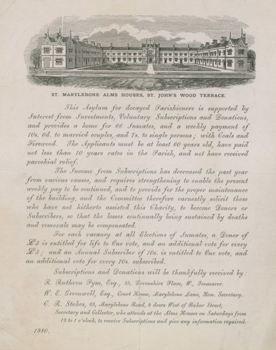 Anuncio de las casas de beneficencia de St Marylebone de English School