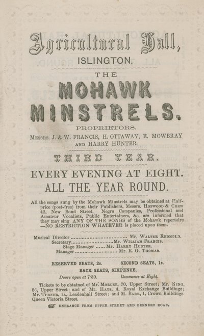 Anuncio de The Mohawk Minstrels en el Agricultural Hall de English School