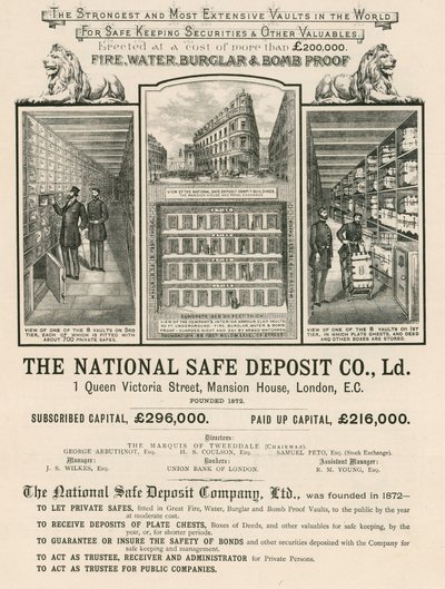 Anuncio de la Compañía Nacional de Depósitos Seguros, 1 Queen Victoria Street, Mansion House, Londres de English School