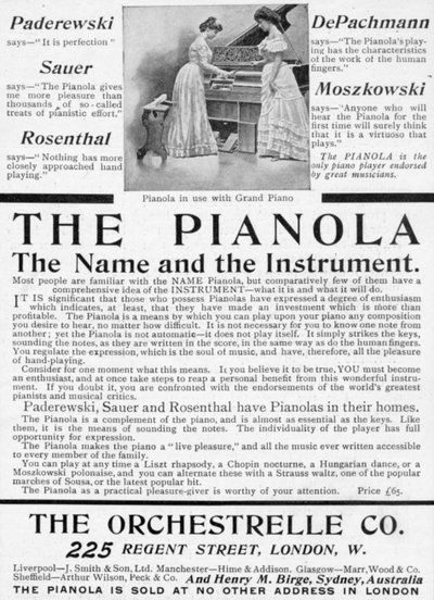 Anuncio de The Pianola, de The King, 1 de junio de 1901 de English School