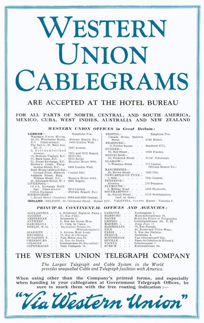 Anuncio para Western Union Cablegrams (litografía a color) de English School