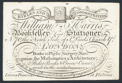 Anuncio para William Harris, librero y papelería, Londres de English School