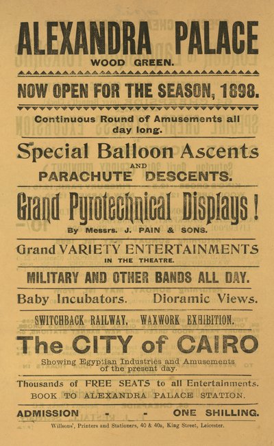Anuncio para la temporada de 1898 en Alexandra Palace de English School