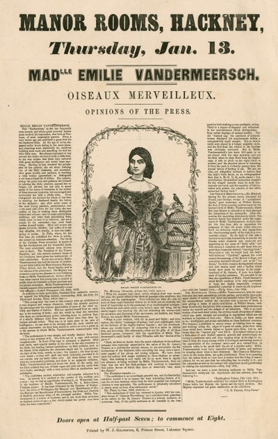 Anuncio de la aparición de Mademoiselle Emilie Vandermeersch, Oiseaux Merveilleaux en Manor Rooms, Hackney, Londres de English School
