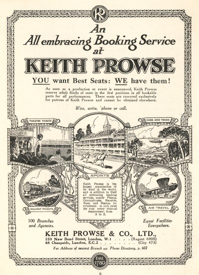 Anuncio de los servicios de reserva de boletos de Keith Prowse & Co, Ltd de English School