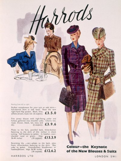 Anuncio de blusas y trajes para mujeres en Harrods, 1945 de English School