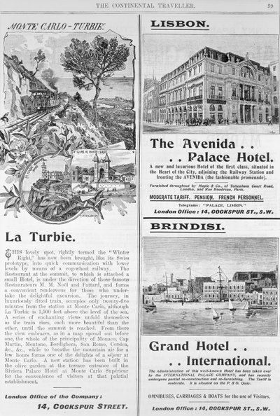 Anuncios para el Restaurante La Turbie, el Hotel Avenida Palace y el Gran Hotel Internacional, de la página 59 de 