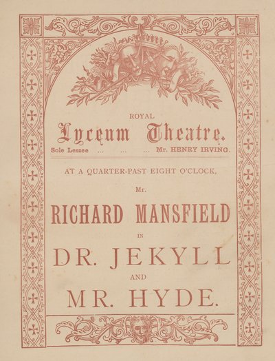 Tarjeta publicitaria para el Teatro Lyceum, Dr. Jekyll y Mr. Hyde protagonizada por Richard Mansfield de English School